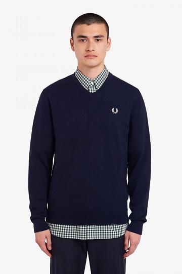 Dzianina Fred Perry Klasyczne V Neck Jumper Męskie Granatowe | PL 1293VRWD